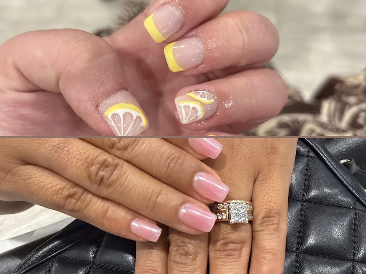 Finished nail designs in a bright spa.